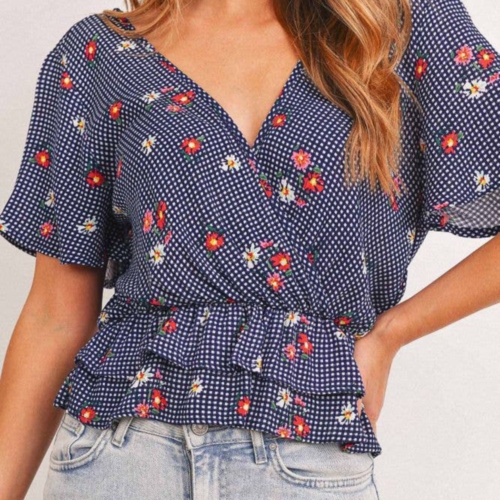 NWT Navy Blue Gingham Floral Print Open Back Short Sleeve Top - Picture 7 of 7